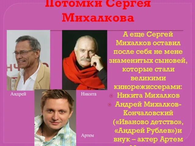 Потомки Сергея Михалкова А еще Сергей Михалков оставил после себя не мене