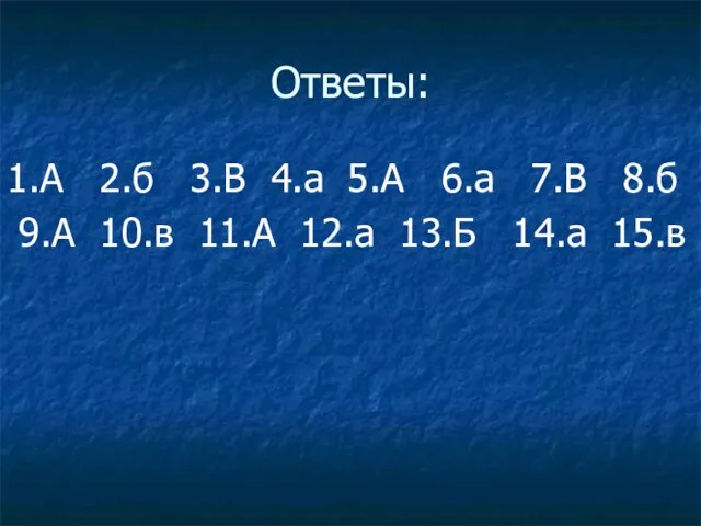 Ответы: 1.А 2.б 3.В 4.а 5.А 6.а 7.В 8.б 9.А 10.в 11.А 12.а 13.Б 14.а 15.в