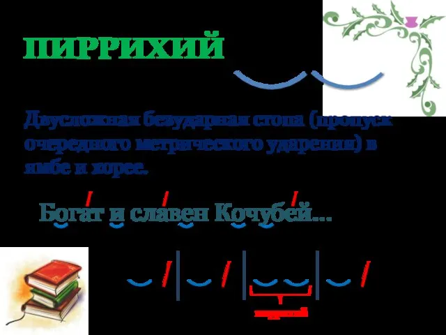 Богат и славен Кочубей… ПИРРИХИЙ Двусложная безударная стопа (пропуск очередного метрического ударения)