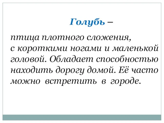 Голубь – птица плотного сложения, с короткими ногами и маленькой головой. Обладает