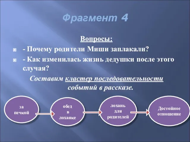 Фрагмент 4 Вопросы: - Почему родители Миши заплакали? - Как изменилась жизнь