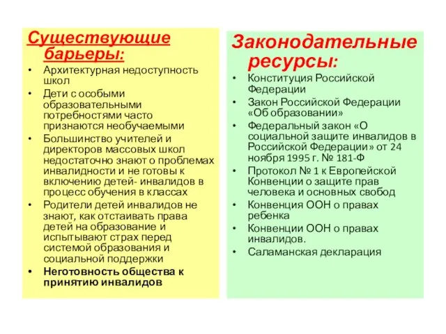 Существующие барьеры: Архитектурная недоступность школ Дети с особыми образовательными потребностями часто признаются