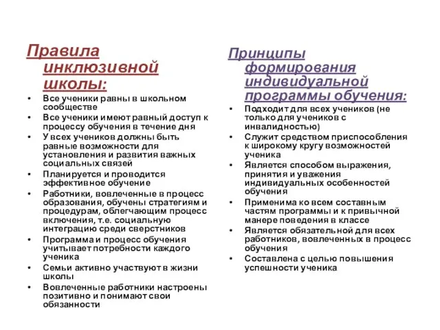 Правила инклюзивной школы: Все ученики равны в школьном сообществе Все ученики имеют