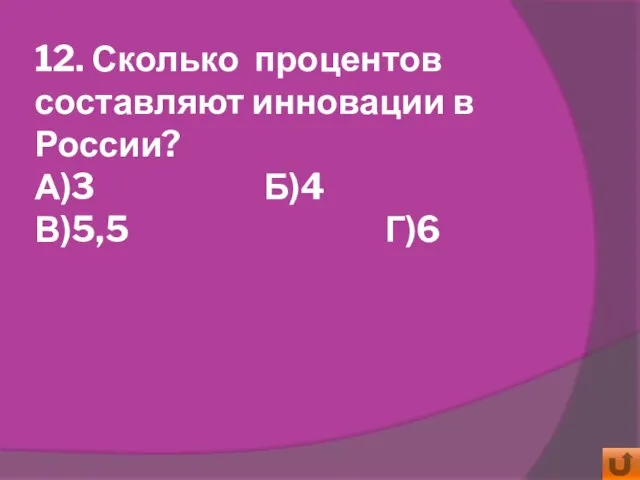 12. Сколько процентов составляют инновации в России? А)3 Б)4 В)5,5 Г)6