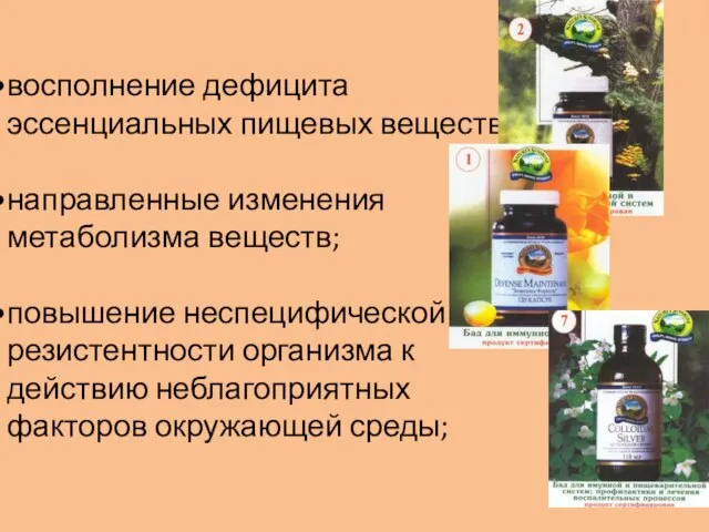 восполнение дефицита эссенциальных пищевых веществ; направленные изменения метаболизма веществ; повышение неспецифической резистентности