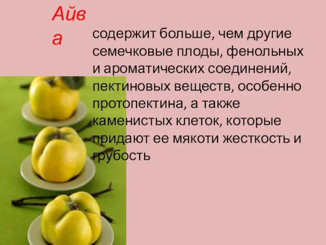 Айва содержит больше, чем другие семечковые плоды, фенольных и ароматических соединений, пектиновых