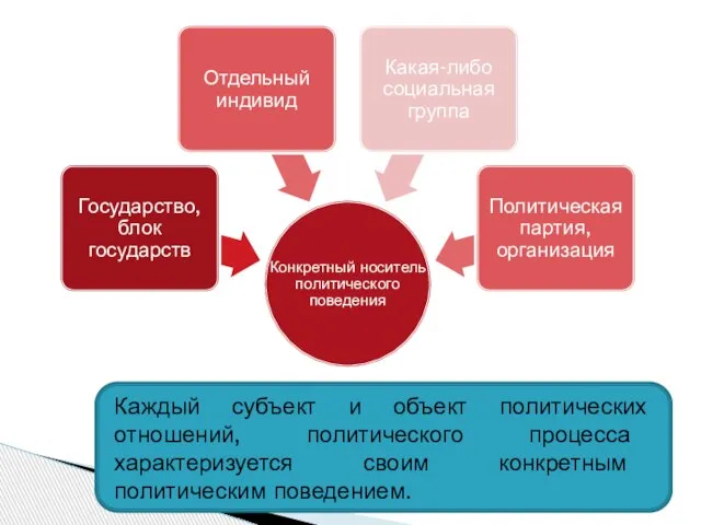 Каждый субъект и объект политических отношений, политического процесса характеризуется своим конкретным политическим поведением.