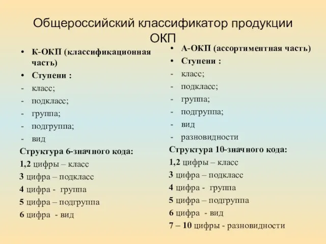 Общероссийский классификатор продукции ОКП К-ОКП (классификационная часть) Ступени : класс; подкласс; группа;