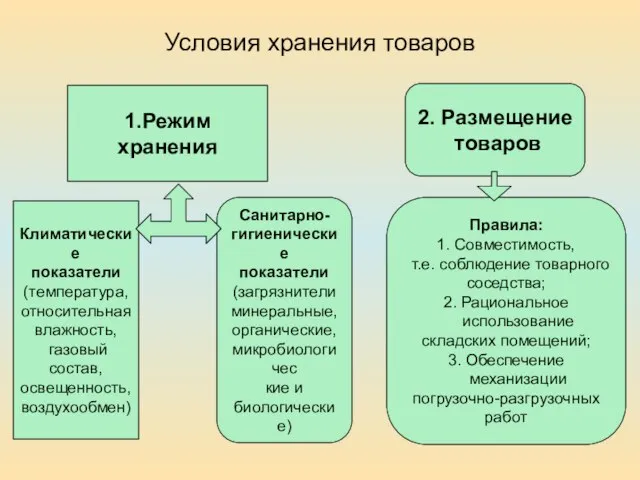 Условия хранения товаров 1.Режим хранения 2. Размещение товаров Климатические показатели (температура, относительная