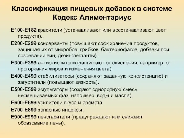 Классификация пищевых добавок в системе Кодекс Алиментариус Е100-Е182 красители (устанавливают или восстанавливают