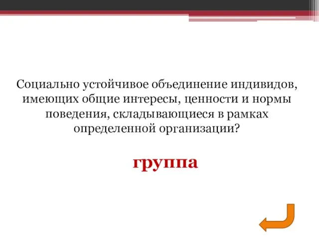 группа Социально устойчивое объединение индивидов, имеющих общие интересы, ценности и нормы поведения,