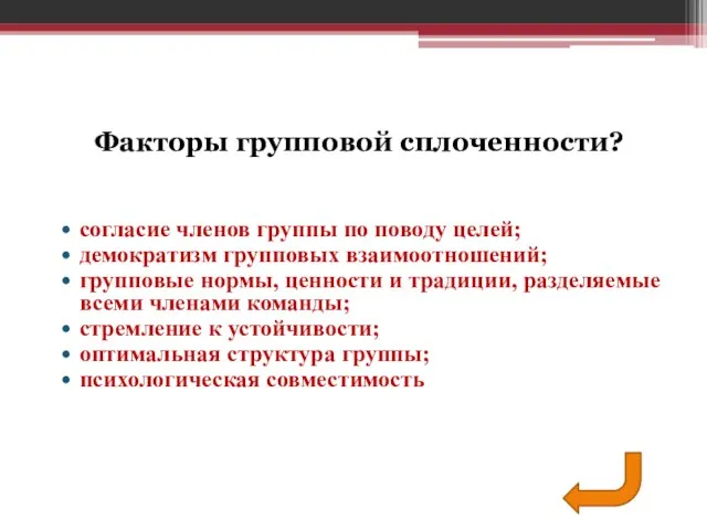 согласие членов группы по поводу целей; демократизм групповых взаимоотношений; групповые нормы, ценности