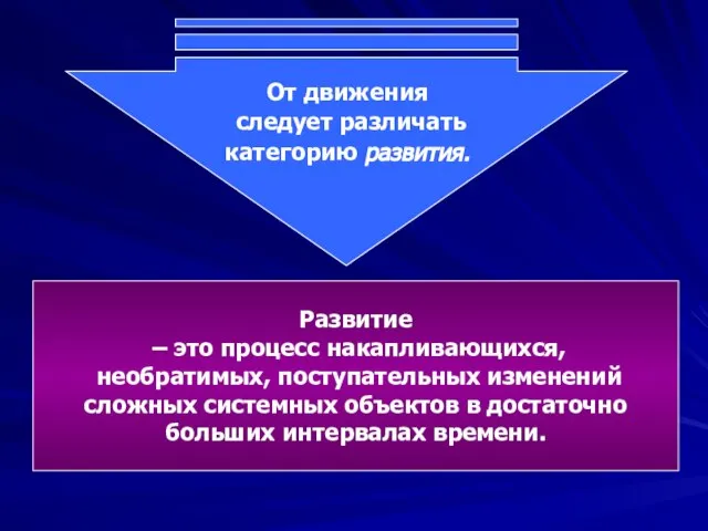 От движения следует различать категорию развития. Развитие – это процесс накапливающихся, необратимых,