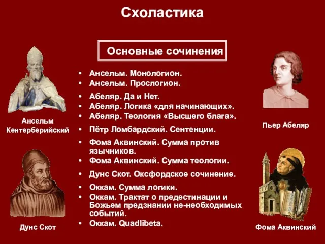 Схоластика Ансельм. Монологион. Ансельм. Прослогион. Абеляр. Да и Нет. Абеляр. Логика «для