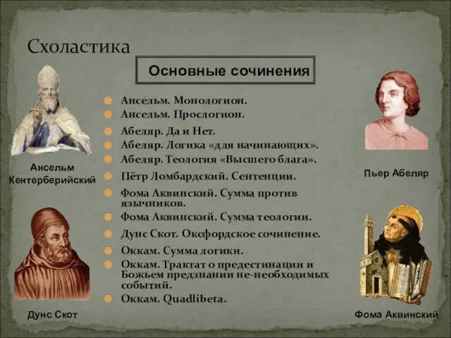 Схоластика Ансельм. Монологион. Ансельм. Прослогион. Абеляр. Да и Нет. Абеляр. Логика «для