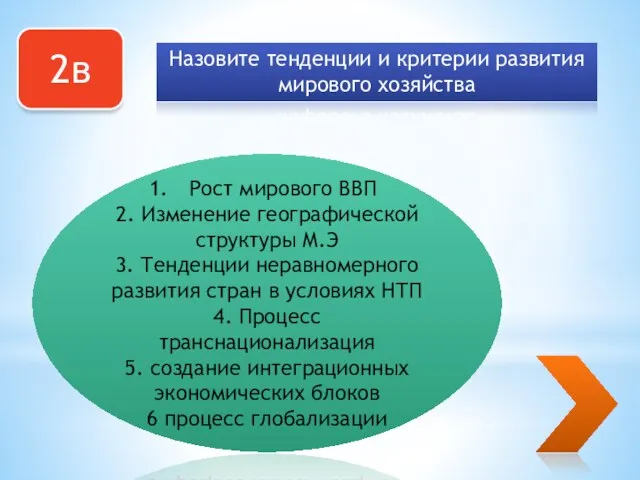 2в Назовите тенденции и критерии развития мирового хозяйства Рост мирового ВВП 2.