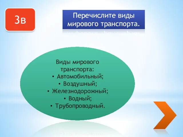 3в Перечислите виды мирового транспорта. Виды мирового транспорта: Автомобильный; Воздушный; Железнодорожный; Водный; Трубопроводный.