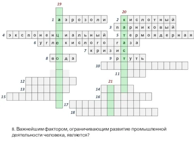 8. Важнейшим фактором, ограничивающим развитие промышленной деятельности человека, является?