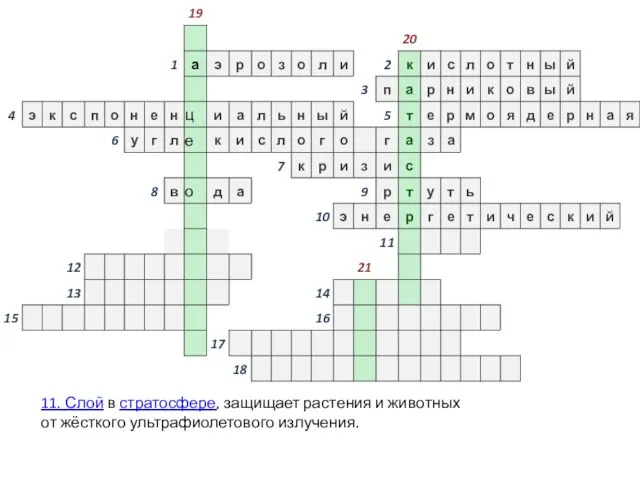 11. Слой в стратосфере, защищает растения и животных от жёсткого ультрафиолетового излучения.