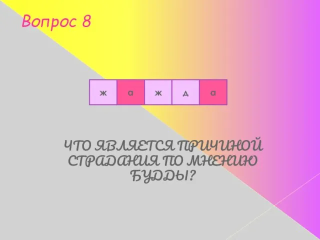 Вопрос 8 ЧТО ЯВЛЯЕТСЯ ПРИЧИНОЙ СТРАДАНИЯ ПО МНЕНИЮ БУДДЫ? ж а ж д а