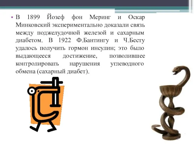 В 1899 Йозеф фон Меринг и Оскар Минковский экспериментально доказали связь между