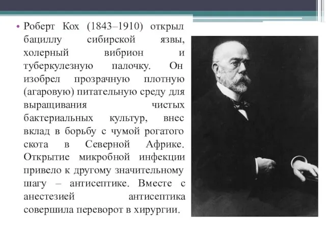 Роберт Кох (1843–1910) открыл бациллу сибирской язвы, холерный вибрион и туберкулезную палочку.