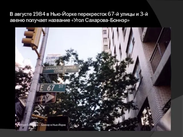 В августе 1984 в Нью-Йорке перекресток 67-й улицы и 3-й авеню получает название «Угол Сахарова-Боннэр»