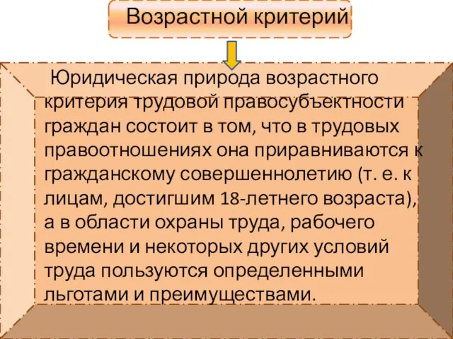 Возрастной критерий Юридическая природа возрастного критерия трудовой правосубъектности граждан состоит в том,