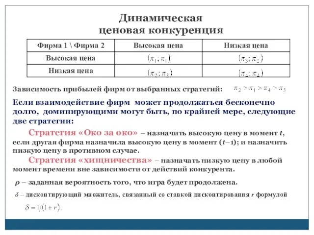 Динамическая ценовая конкуренция Зависимость прибылей фирм от выбранных стратегий: Если взаимодействие фирм