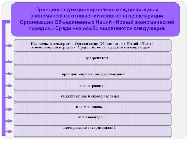 Принципы функционирования международных экономических отношений изложены в декларации Организации Объединенных Наций «Новый