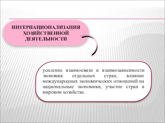 ИНТЕРНАЦИОНАЛИЗАЦИЯ ХОЗЯЙСТВЕННОЙ ДЕЯТЕЛЬНОСТИ усиление взаимосвязи и взаимозависимости экономик отдельных стран, влияние международных