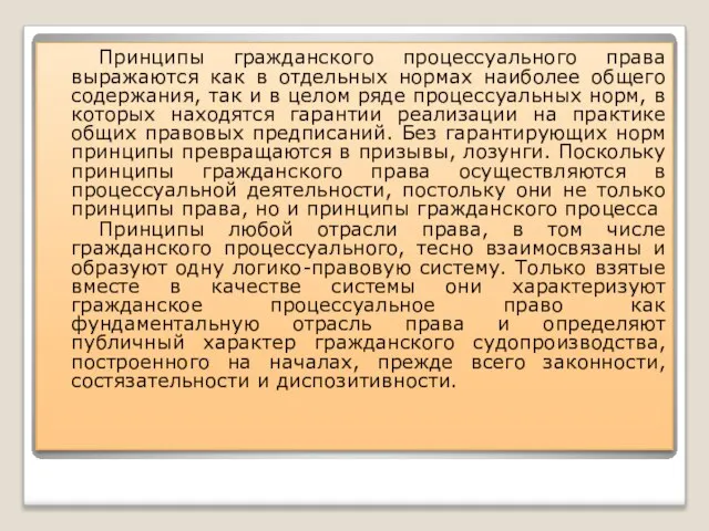 Принципы гражданского процессуального права выражаются как в отдельных нормах наиболее общего содержания,