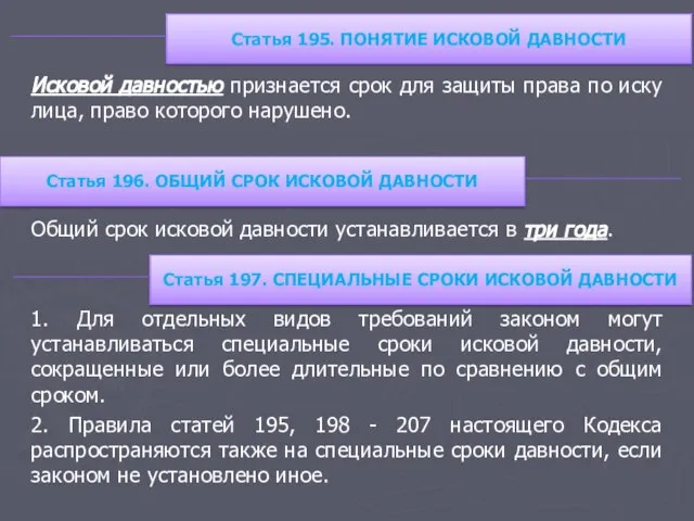 Статья 195. Понятие исковой давности Исковой давностью признается срок для защиты права