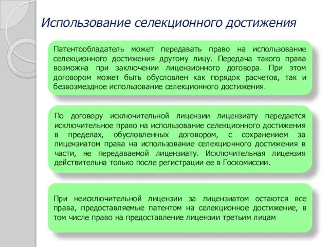 Использование селекционного достижения Патентообладатель может передавать право на использование селекционного достижения другому