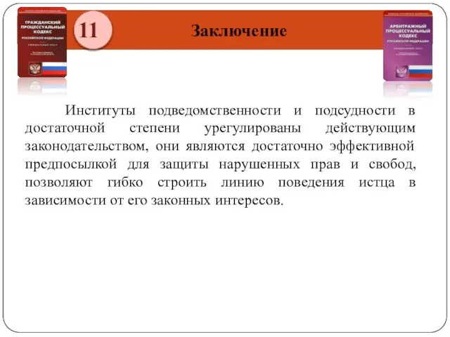 11 Заключение Институты подведомственности и подсудности в достаточной степени урегулированы действующим законодательством,