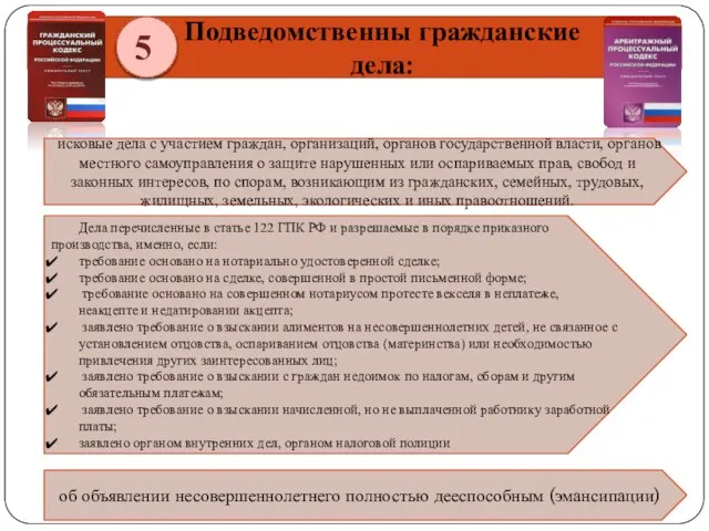 5 Подведомственны гражданские дела: исковые дела с участием граждан, организаций, органов государственной