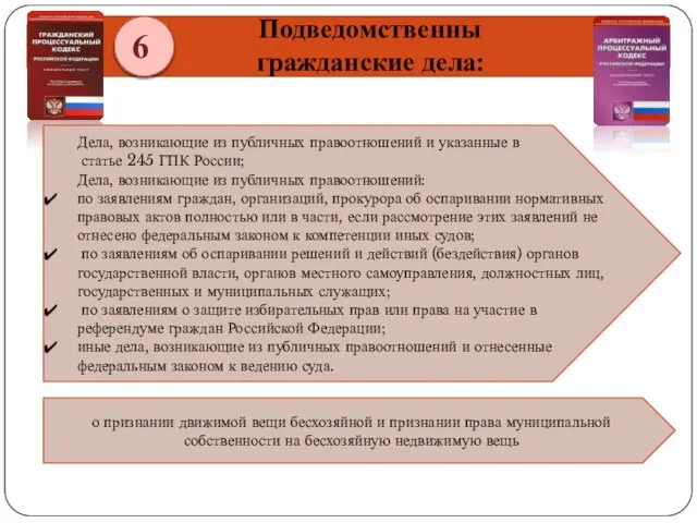 6 Подведомственны гражданские дела: Дела, возникающие из публичных правоотношений и указанные в