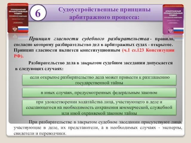 6 Принцип гласности судебного разбирательства - правило, согласно которому разбирательство дел в