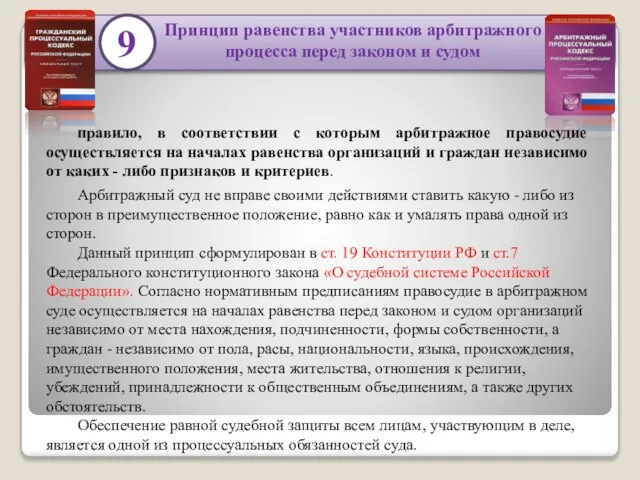 9 Принцип равенства участников арбитражного процесса перед законом и судом правило, в