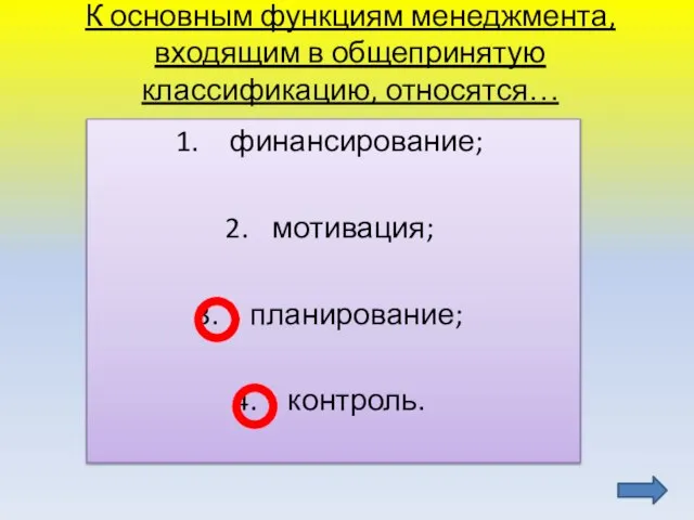 К основным функциям менеджмента, входящим в общепринятую классификацию, относятся… финансирование; мотивация; планирование; контроль.