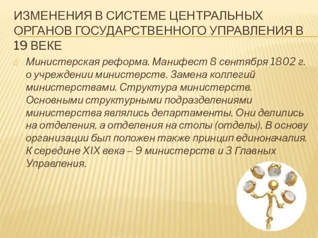 Изменения в системе центральных органов государственного управления в 19 веке Министерская реформа.