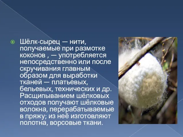 Шёлк-сырец — нити, получаемые при размотке коконов , — употребляется непосредственно или