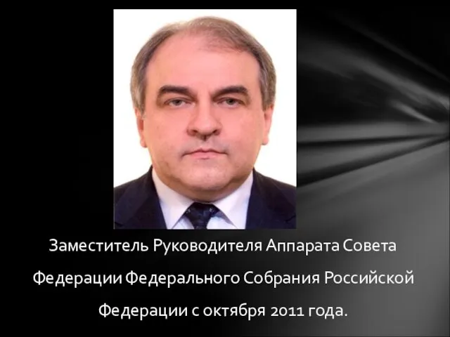 Заместитель Руководителя Аппарата Совета Федерации Федерального Собрания Российской Федерации с октября 2011 года.
