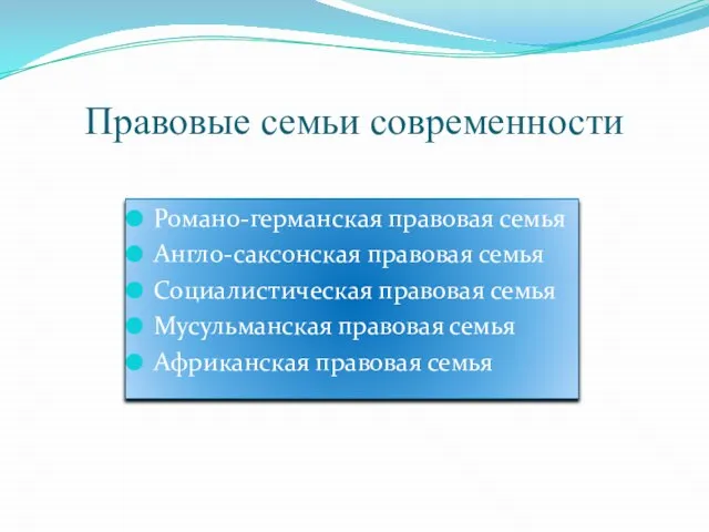 Правовые семьи современности Романо-германская правовая семья Англо-саксонская правовая семья Социалистическая правовая семья