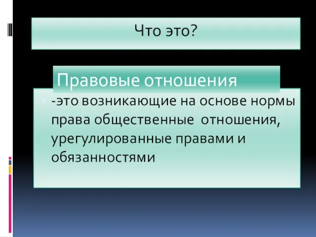 Что это? -это возникающие на основе нормы права общественные отношения, урегулированные правами и обязанностями Правовые отношения