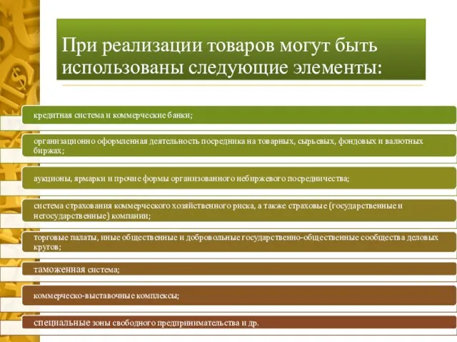 При реализации товаров могут быть использованы следующие элементы: