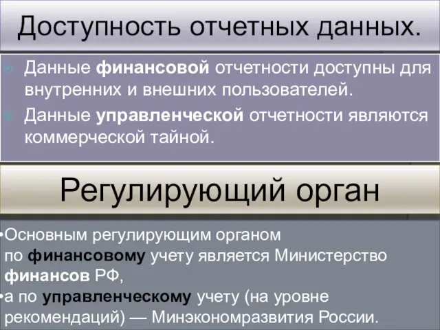 Доступность отчетных данных. Данные финансовой отчетности доступны для внутренних и внешних пользователей.