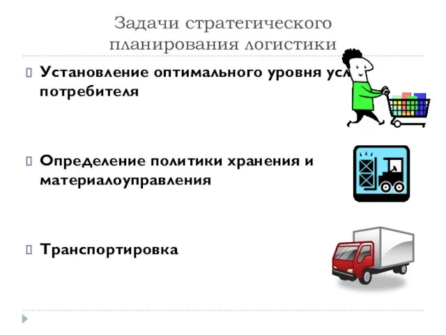 Задачи стратегического планирования логистики Установление оптимального уровня услуг потребителя Определение политики хранения и материалоуправления Транспортировка