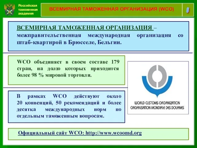 Российская таможенная академия 6 ВСЕМИРНАЯ ТАМОЖЕННАЯ ОРГАНИЗАЦИЯ (WCO) ВСЕМИРНАЯ ТАМОЖЕННАЯ ОРГАНИЗАЦИЯ –