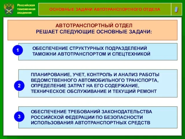 Российская таможенная академия 9 ОСНОВНЫЕ ЗАДАЧИ АВТОТРАНСПОРТНОГО ОТДЕЛА АВТОТРАНСПОРТНЫЙ ОТДЕЛ РЕШАЕТ СЛЕДУЮЩИЕ